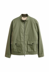 Olive green jacket with a high collar, front zipper, and two large flap pockets. Made of smooth, lightweight fabric.