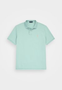 Pánské polo tričko v jemné mátově zelené barvě, krátké rukávy, vyrobené z měkké bavlny, s límcem a malým logem v kontrastní růžové barvě na prsou.