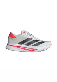White running shoe with grey and black stripes, pink accents on the heel and sole. Lightweight mesh upper, cushioned sole for comfort.