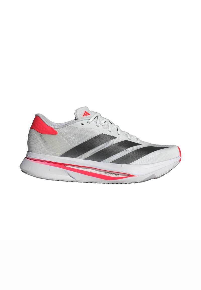 White running shoe with grey and black stripes, pink accents on the heel and sole. Lightweight mesh upper, cushioned sole for comfort.