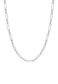 Silver chain necklace featuring elongated and linked rectangular shapes with a polished finish and smooth texture. Length varies subtly.