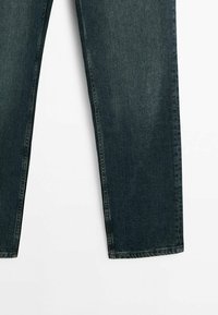 Dark blue denim jeans with a straight leg design, featuring standard stitching and hem, smooth texture, and no visible distressing.