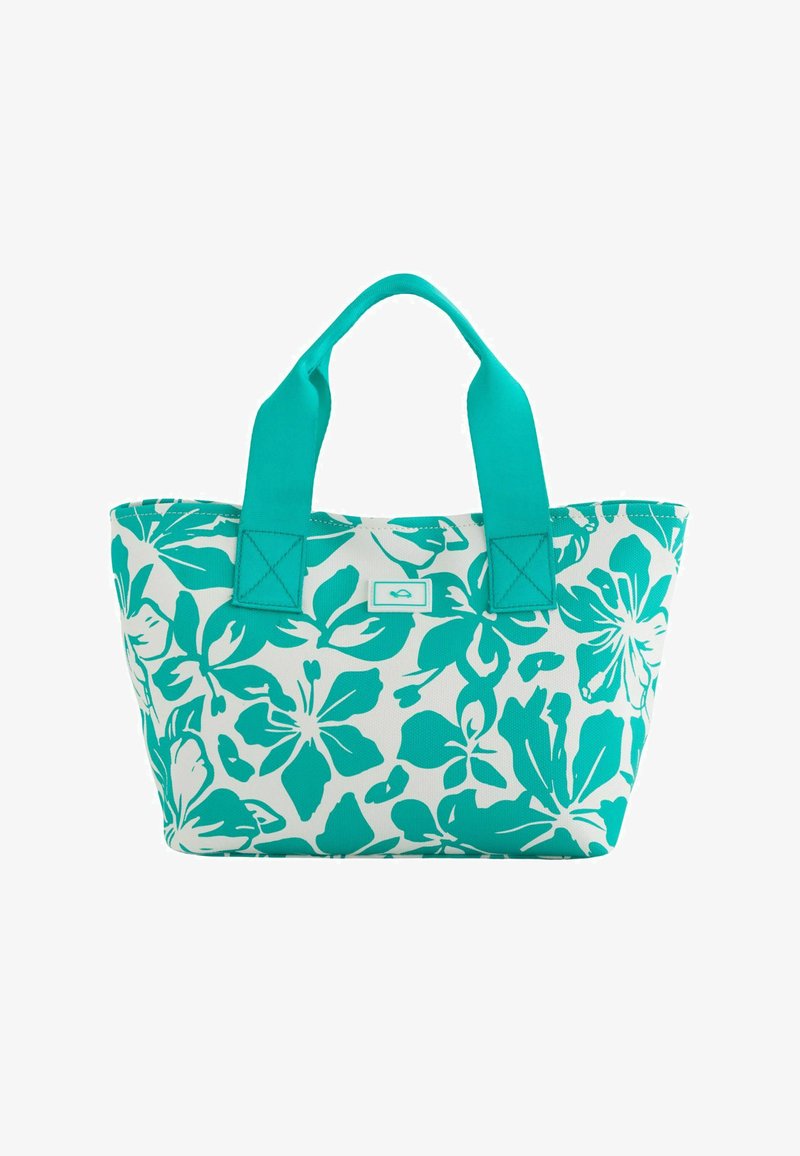 Tote bag with turquoise floral pattern on white background. Made of durable fabric, featuring short handles and structured shape.