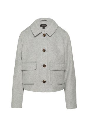 Grau gecropter Blazer aus strukturiertem Stoff, mit spitzem Kragen, verdecktem Knopfverschluss und zwei aufgesetzten Taschen. Bronze-Knöpfe setzen Akzente.