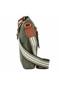 Canvas Messenger-Tasche in Olivgrün mit braunen Lederakzenten, ausgestattet mit einem gestreiften verstellbaren Schulterriemen und vernickeltem Goldbeschlag.