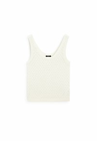 Débardeur blanc en maille avec un motif en losange, un large col rond dégagé et une coupe sans manches. Texture lisse avec des bordures côtelées aux extrémités.