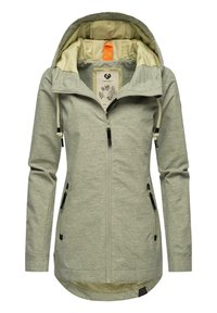 Ljusgrön, zip-up jacka med huva, med en slät yta, två sidofickor, justerbara snoddar och en kontrasterande foder.