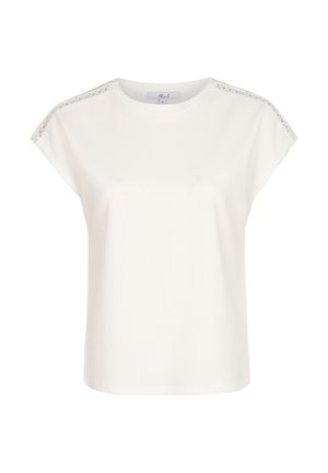 Witte short-sleeve top met een gestructureerde afwerking en kantaccenten op de schouders. Ronde halslijn en een ontspannen pasvorm.