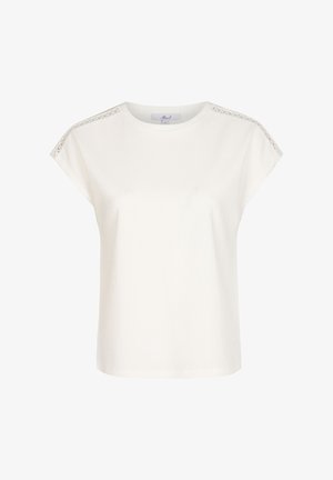 Witte short-sleeve top met een gestructureerde afwerking en kantaccenten op de schouders. Ronde halslijn en een ontspannen pasvorm.