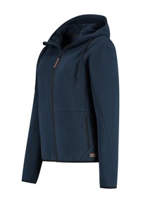 Marineblauwe ritssluiting hoodie met gestructureerde stof, fleece voering, voor- en zijrits zakken, en zwarte trekkoorden aan de capuchon.