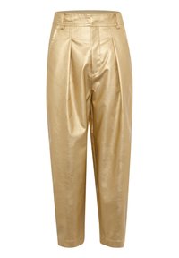 Gold metallic trousers with a smooth texture, pleated front, mid-rise waist, and tapered legs. Features a basic waistband and no additional details.