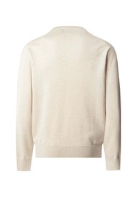 Béžový sveter s dlhými rukávmi a okrúhlym výstrihom, s rebrovanými manžetami a lemom, zobrazený zozadu.