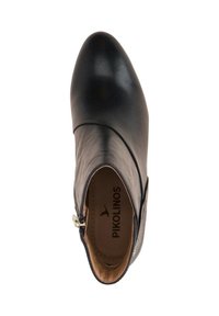 Schwarze Leder-Stiefelette mit spitzer Zehenform, seitlichem Reißverschluss und glatter Textur. Merkmale sind ein beiges Innenfutter mit "Pikolinos"-Markierung.