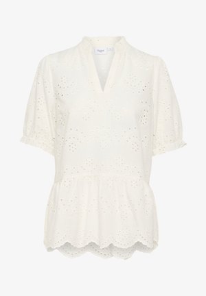 Blusa blanca con escote en V, cuello con volantes y mangas cortas. Presenta recortes de ojales, un dobladillo peplum y bordes festoneados.