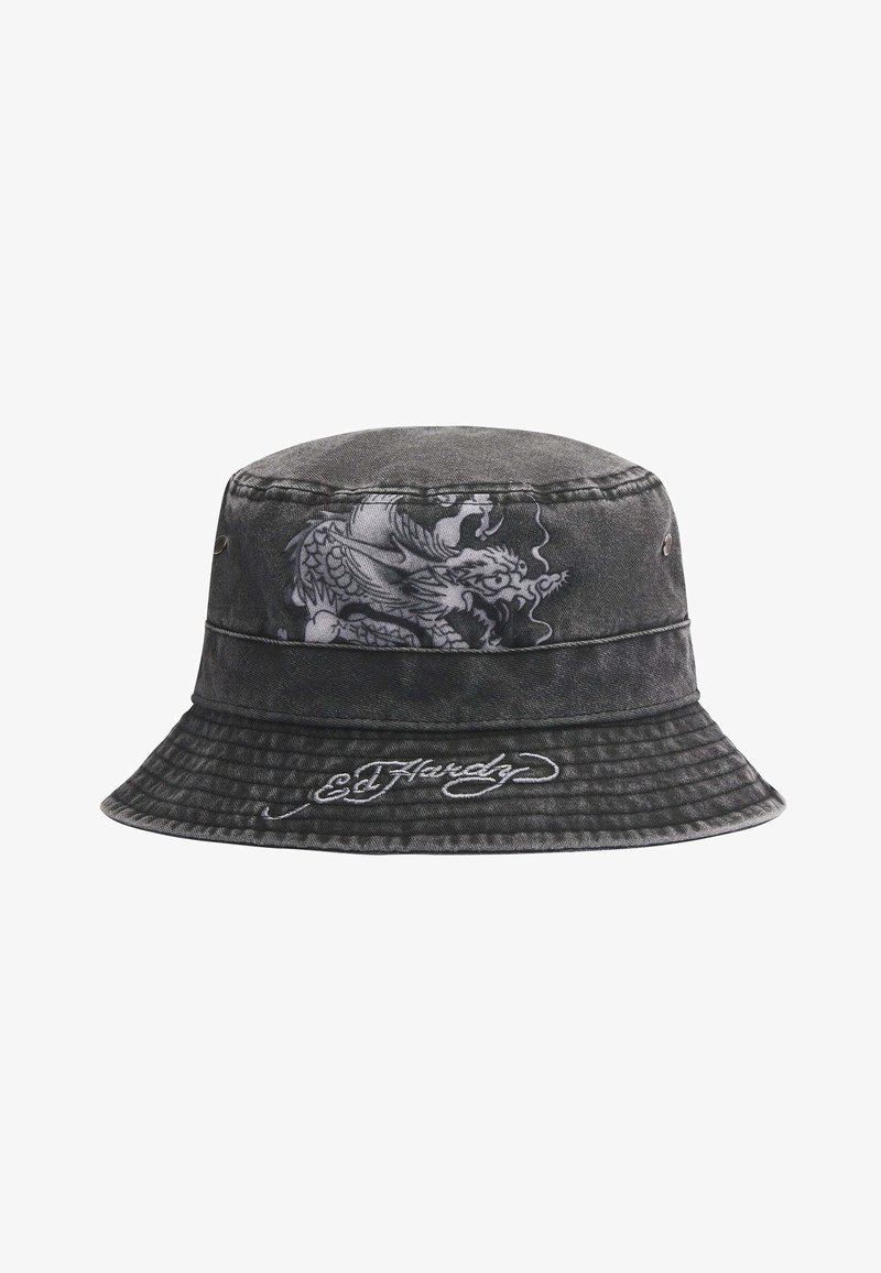 Bob en denim noir avec un motif de dragon blanc et une broderie "Ed Hardy" sur le bord.