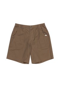 Brown shorts made from soft fabric with a flat front, elastic waistband, two side pockets, and two large front patch pockets.