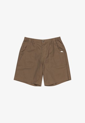 Brown shorts made from soft fabric with a flat front, elastic waistband, two side pockets, and two large front patch pockets.
