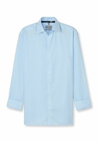 Hellblaues Hemd mit weißen vertikalen Streifen, langen Ärmeln, Knopfmanschetten, klassischem Kragen und einer bequemen Passform.