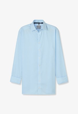 Hellblaues Hemd mit weißen vertikalen Streifen, langen Ärmeln, Knopfmanschetten, klassischem Kragen und einer bequemen Passform.