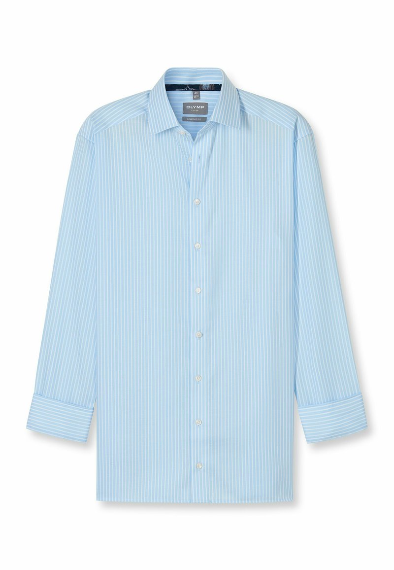 Hellblaues Hemd mit weißen vertikalen Streifen, langen Ärmeln, Knopfmanschetten, klassischem Kragen und einer bequemen Passform.