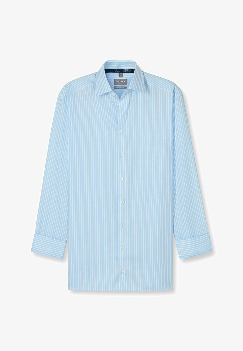 Hellblaues Hemd mit weißen vertikalen Streifen, langen Ärmeln, Knopfmanschetten, klassischem Kragen und einer bequemen Passform.