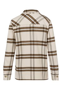 Camicia button-up a quadri colore crema, con strisce marroni e grigie. Tessuto morbido, maniche lunghe e design a yoke sul retro.
