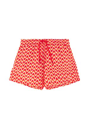 Bañador con patrón de zigzag en rojo, amarillo y blanco, con cintura elástica y cordón rojo.