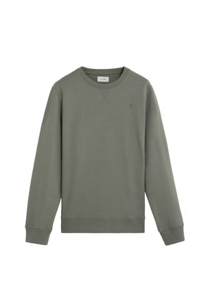 Sudadera de cuello redondo verde oliva, elaborada con tela suave, que presenta mangas largas, puños acanalados y un pequeño logo en el pecho.