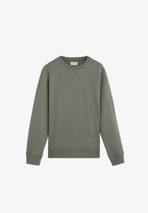 Olive green crewneck sweatshirt, made of soft fabric, featuring long sleeves, ribbed cuffs, and a small logo accent on the chest.