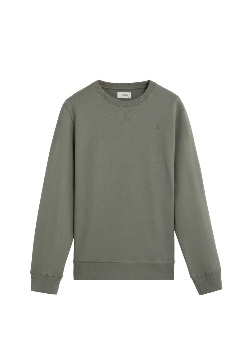 Sudadera de cuello redondo verde oliva, elaborada con tela suave, que presenta mangas largas, puños acanalados y un pequeño logo en el pecho.