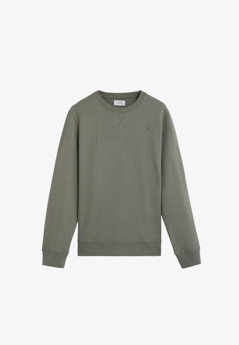 Sweatshirt col rond vert olive, fabriqué en tissu doux, avec des manches longues, des poignets côtelés et un petit logo accent sur la poitrine.