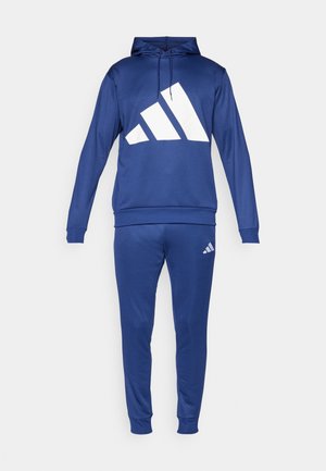 Completo sportivo blu composto da una felpa con cappuccio con un grande logo bianco e pantaloni abbinati con polsini a gamba stretta. Texture liscia.