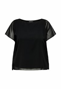 Sort top med løs pasform, korte gennemsigtige ærmer og rund halsudskæring. Glat tekstur med sideslate for nem bevægelse.