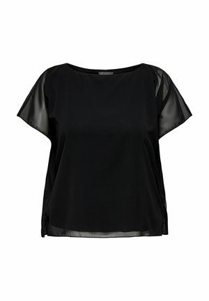 Crna majica s opuštenim krojem, kratkim prozirnim rukavima i zaobljenim izrezom. Glatka tekstura s bočnim prorezima za lakše kretanje.