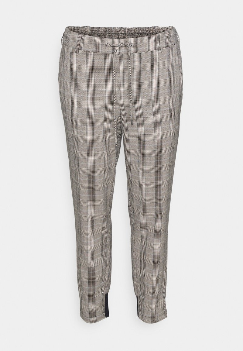 Pantalons à carreaux gris avec une taille élastique et des ourlets à poignets. Fabriqués à partir d'un tissu léger avec une texture lisse.
