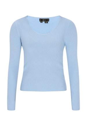 Lichtblauw ribbel trui met lange mouwen en een ronde halslijn. Gladde textuur met een aansluitende pasvorm. Bevat een merketiket aan de binnenzijde.