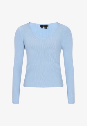Světle modrý žebrovaný top s dlouhým rukávem a kulatým výstřihem. Hladká textura s přiléhavým střihem. Obsahuje štítek značky uvnitř.