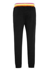 Schwarze Jogginghose mit einem mehrfarbigen elastischen Bund, der rosa, gelbe und orange Streifen aufweist; eng anliegend mit elastischen Bündchen.