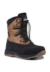 Bota de invierno de cuero marrón y textil negro, con un sistema de cordones en la parte frontal, cuello acolchado y suela de goma para mayor tracción. Material y diseño duraderos.