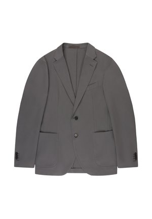 Szary męski blezer z klapami z wycięciem, dwoma guzikami, mankietami na trzy guziki i naszytymi kieszeniami na białym tle.