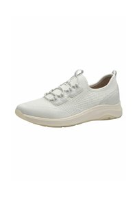Scarpa da ginnastica bianca con tomaia in maglia texturizzata, collare imbottito e lacci elastici. Caratterizzata da una suola ammortizzata e un design minimalista.