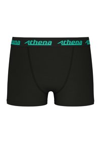 Boxer shorts noirs avec une ceinture de marque "Athena" turquois. Fabriqués en matériau doux, présentant un ajustement serré et une texture lisse.