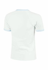 Hellblaues und weißes T-Shirt mit kurzen Ärmeln, runder Ausschnitt, aus Baumwollmischung, mit kontrastierenden blauen Rändern an Ärmeln und Kragen.