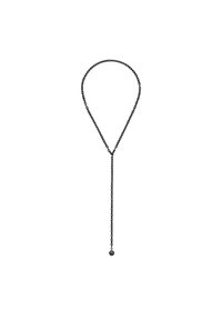 Sort kæderekæde med en snoet design og en lang vedhæng med en cirkulær accent i enden. Materialet ser ud til at være metalisk.