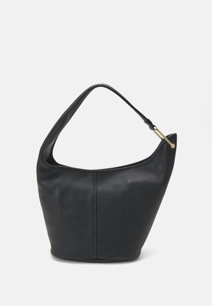 Black leather handbag with a rounded shape, a wide strap, and a textured finish. Features a subtle seam detail and a gold-tone hardware accent.