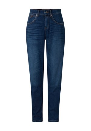 Granatowe dżinsy o wysokim stanie i dopasowanym kroju, z przodu zapinane na guziki i suwak, z dwoma kieszeniami z przodu oraz subtelnie wyblakłym efektem na udach.