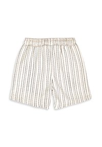 Hvide shorts med tynde lodrette sorte striber og elastisk talje, lavet af let tekstureret stof.