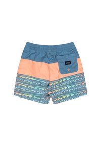Costumi da bagno da uomo in blu e corallo, con un motivo di onde. Realizzati in tessuto leggero, con una vita elasticizzata e una tasca sul retro.