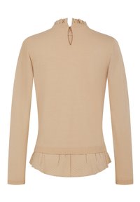 Světle béžový top s dlouhými rukávy, ruffled výstřihem, klíčovou dírkou na zádech a puntíkovaným průhledným peplum lemováním, s přiléhavým trupem a žebrovanými manžetami.