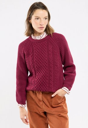 Donna che indossa un maglione a trecce rosa scuro sopra una camicia a righe e pantaloni color ruggine, con una mano in tasca, guardando di lato.